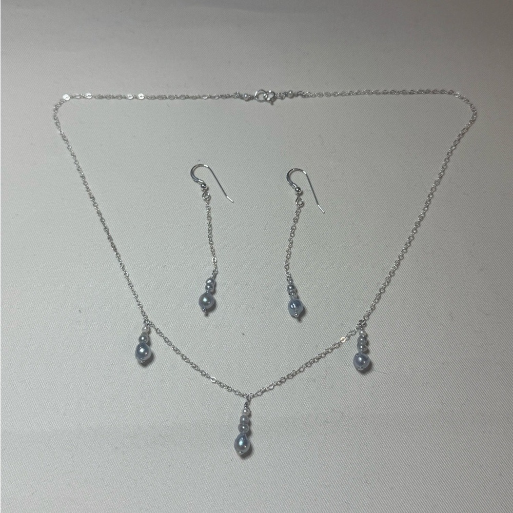 Silver Necklace Set with Blue Keshi Accents